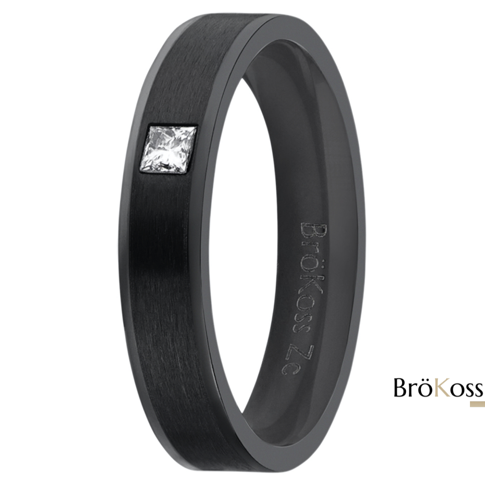 Bague fiancaille homme noir zirconium et diamant blanc carré, vue de face
