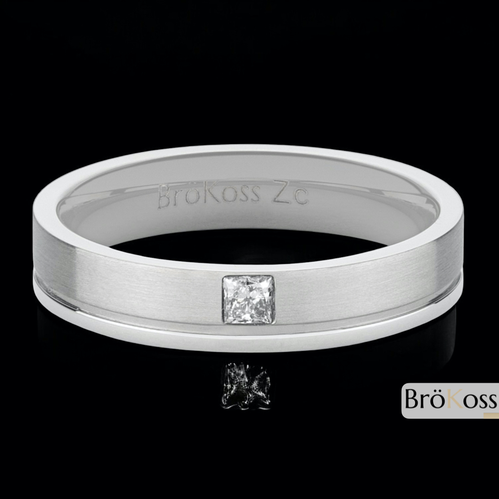 Anillo para pedirle matrimonio a un hombre sobre fondo elegante negro, zirconio gris y diamante blanco cuadrado resaltando su lujo