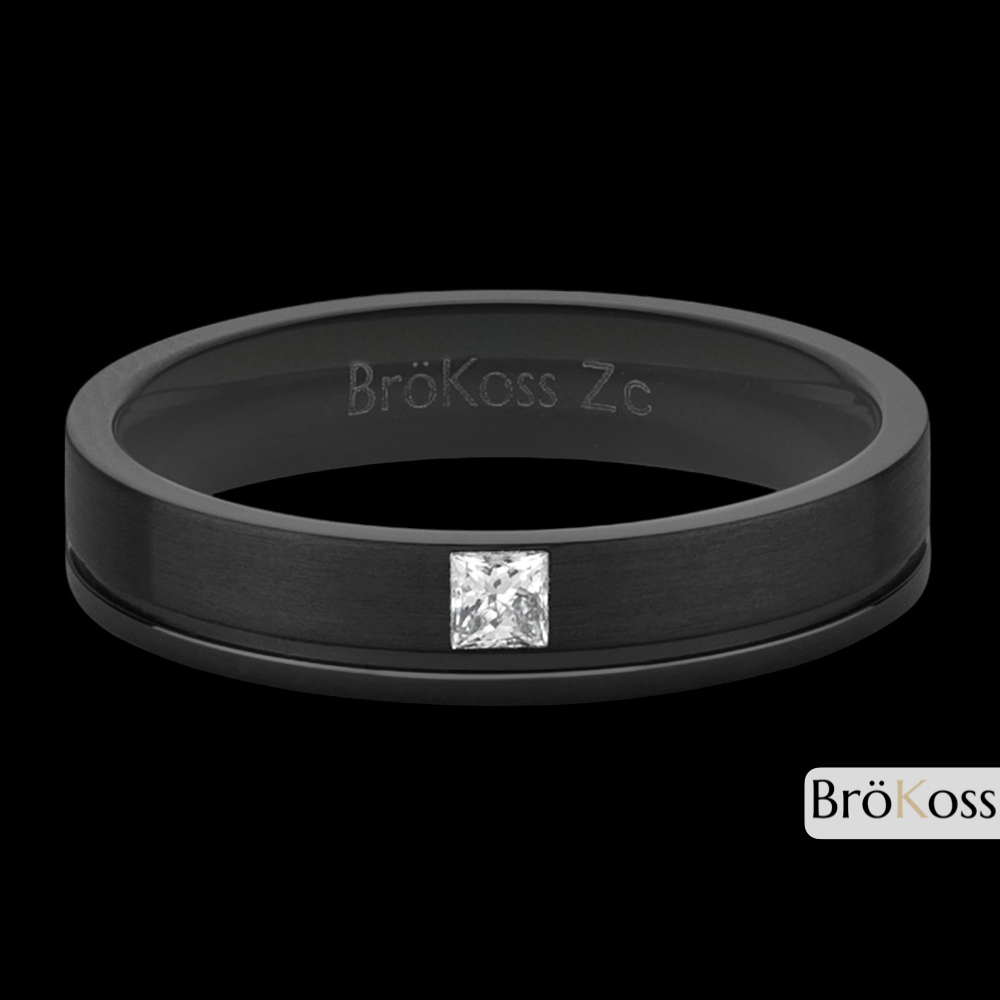 Alianza de hombre estilo oro negro en zirconio gris con diamante cuadrado, sobre fondo negro