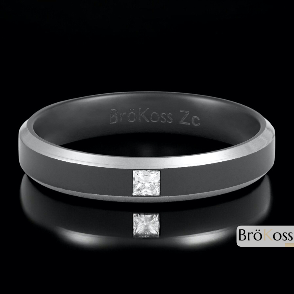 Anillo de boda masculino en zirconio gris con diamante cuadrado blanco de laboratorio sobre fondo negro