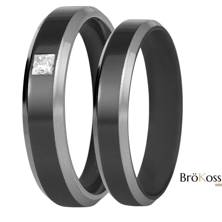 Par de anillos de boda para hombre en zirconio gris y negro, uno con diamante cuadrado blanco de laboratorio y otro liso, sobre fondo blanco